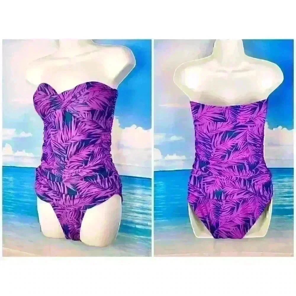 OLD NAVY Strapless PURPLE and NAVY BLUE Fern Print Swim Bathing Suit One Piece M